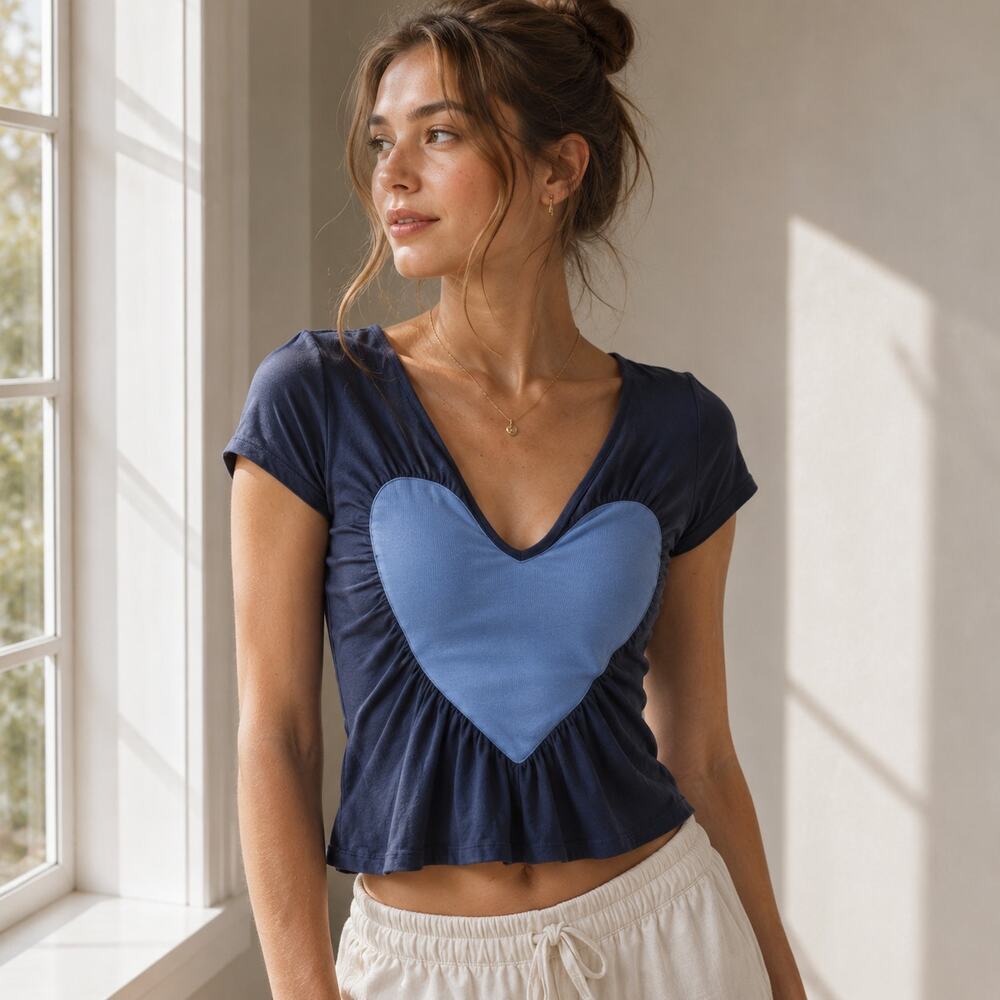 Maeve Anthropologie Navy Heart Peplum Top Size Small Blue Gathered V-Neck Tee